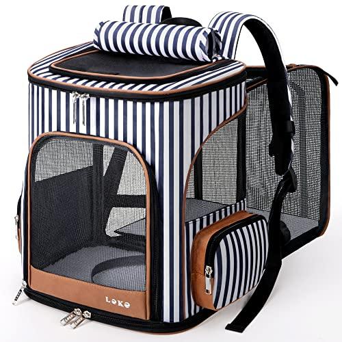 Lekesky Cat Backpack Expandable Pet Backpack Carrier for Medium Cats and Small Dogs Fit up 15 Lbs with Inner Escape-proof Leash, Blue Striped - Petzenya