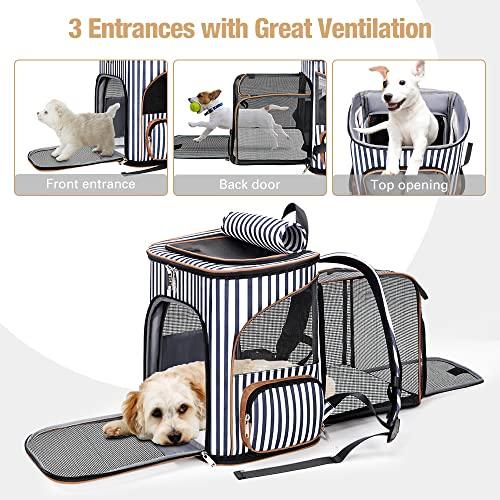 Lekesky Cat Backpack Expandable Pet Backpack Carrier for Medium Cats and Small Dogs Fit up 15 Lbs with Inner Escape-proof Leash, Blue Striped - Petzenya