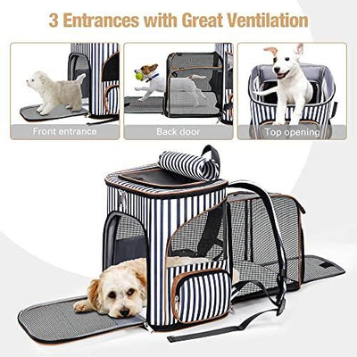 Lekesky Cat Backpack Expandable Pet Backpack Carrier for Medium Cats and Small Dogs Fit up 15 Lbs with Inner Escape-proof Leash, Blue Striped - Petzenya