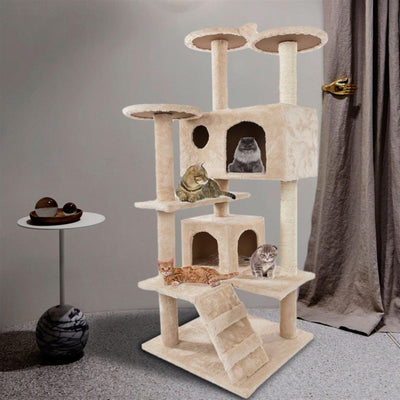 Cat Tower Climbing Tree | 132cm Cat Scratching Post Tower | Cream Sisal Rope Cat Tree - Petzenya