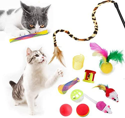 22 Pcs Cat Toys for Indoor Kitten, Interactive Cat Kitten Toys Set, Collapsible Cat Tunnel Feather Wand Ball Spring Mice - Petzenya