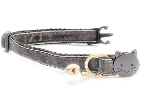 Velvet Cat Collars with Bell | Quick Safety Release Breakaway Buckle | Handmade in the UK | Available in Cat & Kitten Size | Grey Velvet - Petzenya