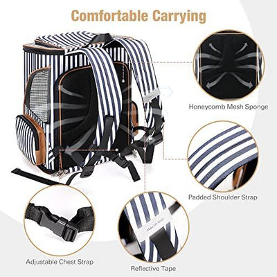 Lekesky Cat Backpack Expandable Pet Backpack Carrier for Medium Cats and Small Dogs Fit up 15 Lbs with Inner Escape-proof Leash, Blue Striped - Petzenya