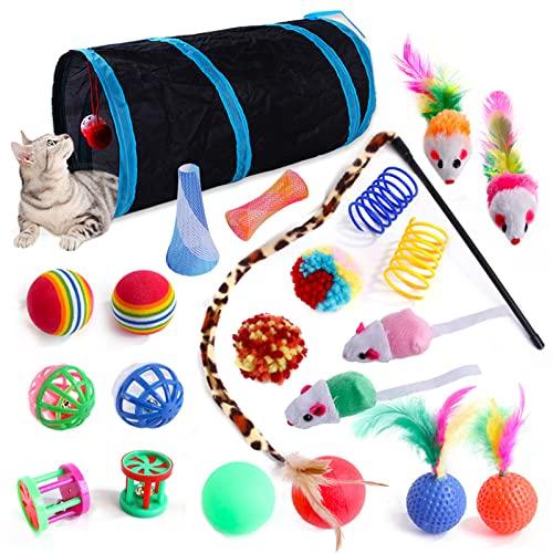 22 Pcs Cat Toys for Indoor Kitten, Interactive Cat Kitten Toys Set, Collapsible Cat Tunnel Feather Wand Ball Spring Mice - Petzenya