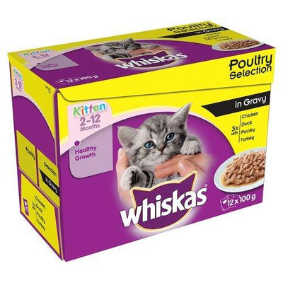 Whiskas 2-12 Months Kitten Pouches Poultry Selection in Gravy, 12 x 100 g - Petzenya