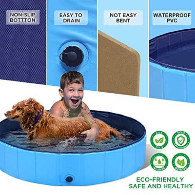 GoStock Dog Pool Plastic Dog Paddling Pool Dog Swimming Pool Portable PVC Dog Baths for Large Dogs Doggy Pool Bathing Tub Kid Pet Pool for Indoor/Outdoor (Bonus Pet Bath Brush) 32"x8" Small - Petzenya