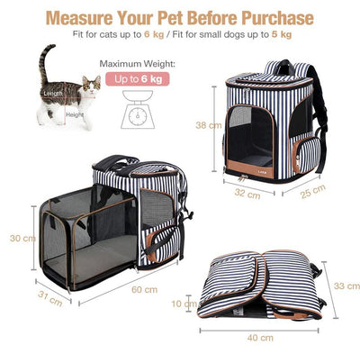 Lekesky Cat Backpack Expandable Pet Backpack Carrier for Medium Cats and Small Dogs Fit up 15 Lbs with Inner Escape-proof Leash, Blue Striped - Petzenya