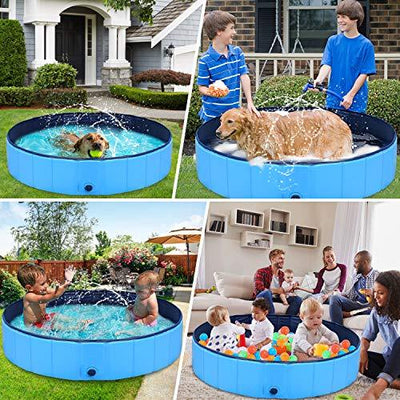 GoStock Dog Pool Plastic Dog Paddling Pool Dog Swimming Pool Portable PVC Dog Baths for Large Dogs Doggy Pool Bathing Tub Kid Pet Pool for Indoor/Outdoor (Bonus Pet Bath Brush) 32"x8" Small - Petzenya